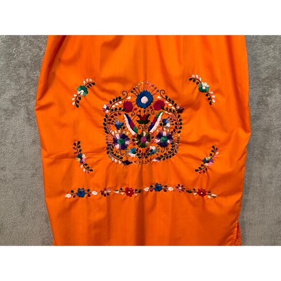 Zapoteco Mexican Dress Size Medium Orange Floral Feather Embroidered - Picture 3 of 7
